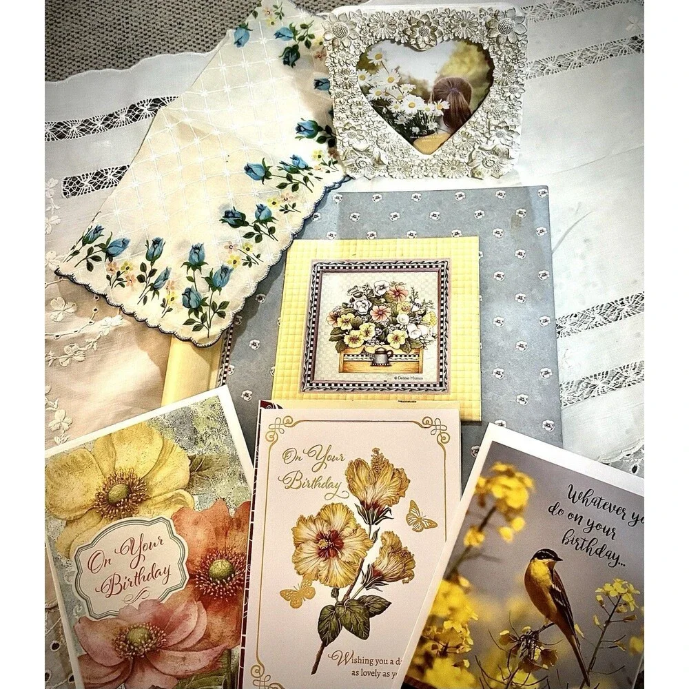 Vintage Cottagecore Stationery Lot Cards Organizer Hankie Frame Paper Ephemera
